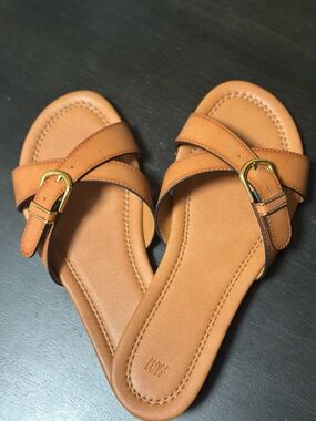 H&M Tan Slide Sandals with Gold Buckles
